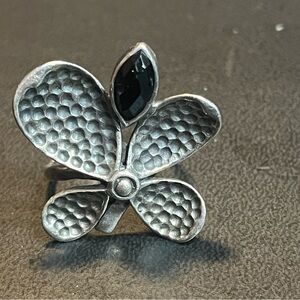 Silver Floral Ring with Black Gemstone